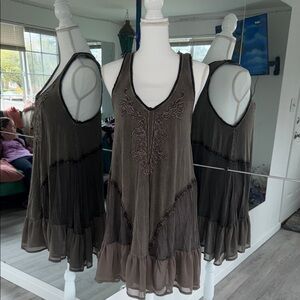 Boho Embroidered Sleeveless Ruffle Hem Dress - Olive Brown